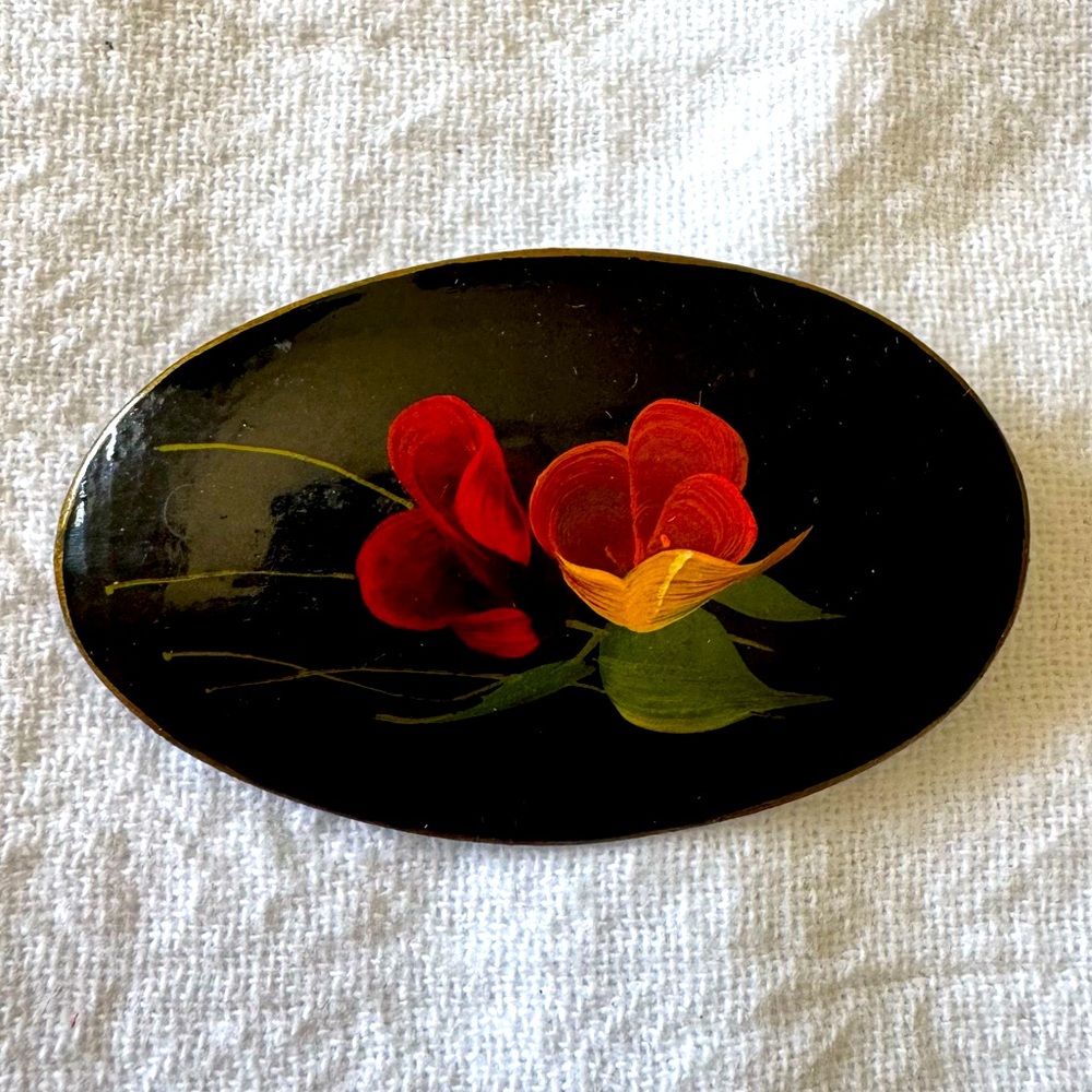 Vintage Russian Black Lacquer Hand Painted Broach